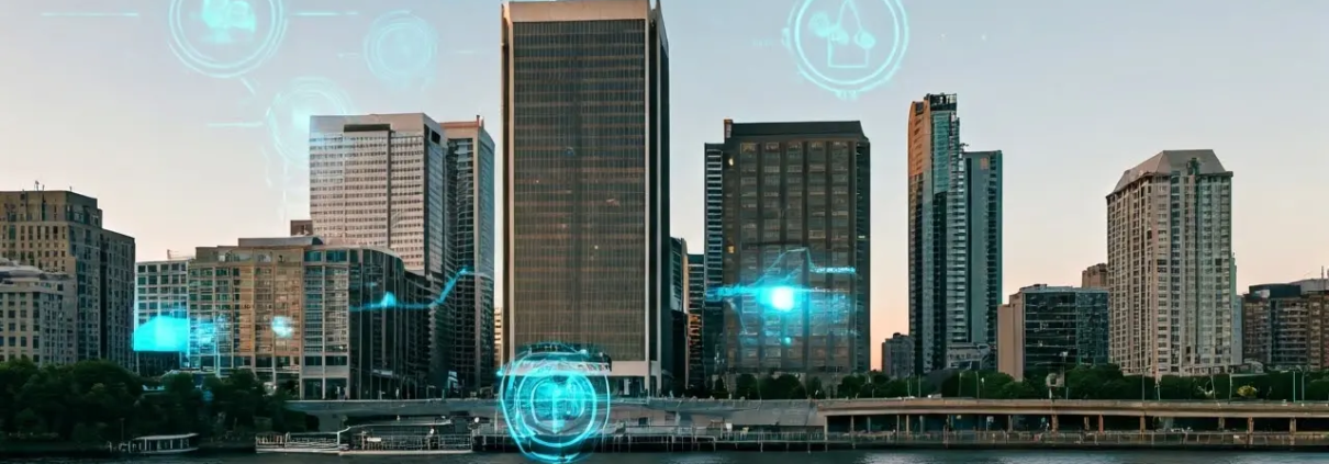 A skyline of modern skyscrapers is seen by a river at sunset, with digital holographic icons and graphics symbolizing technology and connectivity overlaying the buildings.