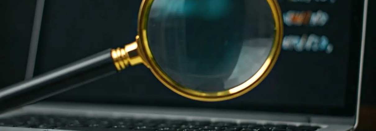 A close-up view of a magnifying glass with a gold rim, positioned over a laptop keyboard, with blurred, dark background text visible on the screen.